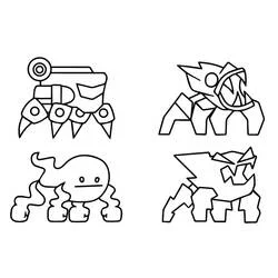 Dibujo de Cuatro criaturas de Geometry Dash sobre patas triangulares para colorear