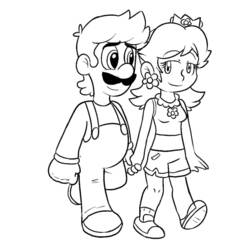 Dibujo de Princesa Daisy caminando de la mano con Luigi para colorear