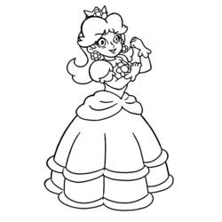 Dibujo de Princesa Daisy sonriente con vestido esponjoso para colorear