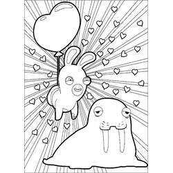 Dibujo de Rabbid flotando con un globo de corazón y una morsa para colorear
