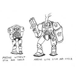Dibujo de Marines de StarCraft con y sin stim y escudo para colorear